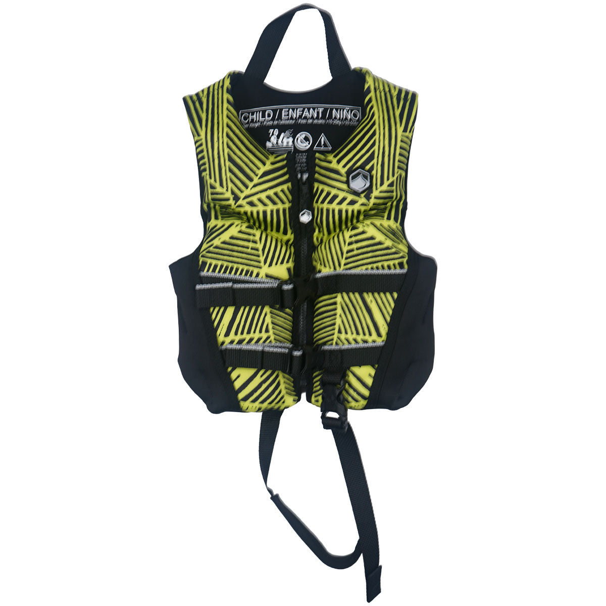 Front view of the Fury Child CGA life vest in black and yellow.