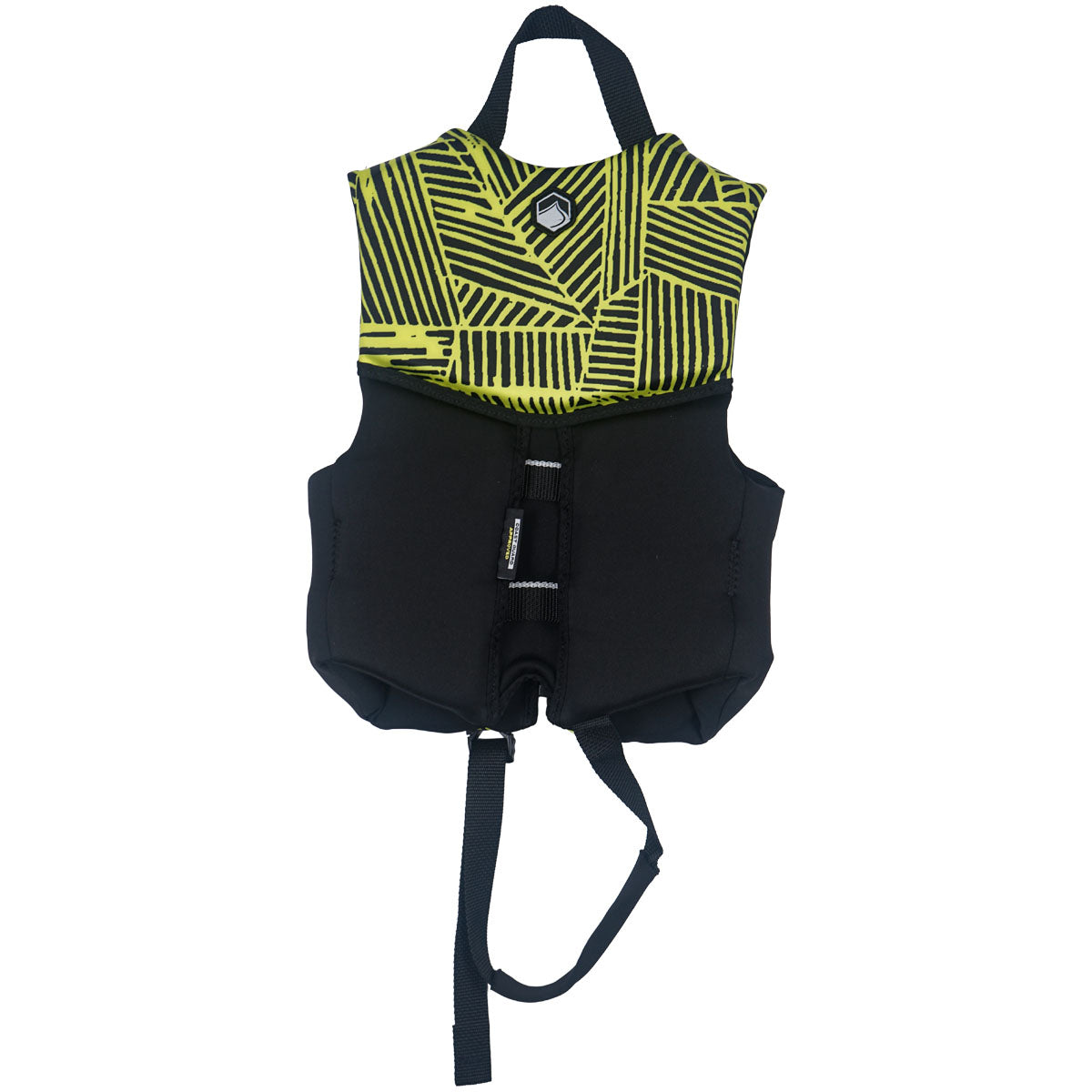 Front view of the Fury Child CGA life vest in black and yellow.