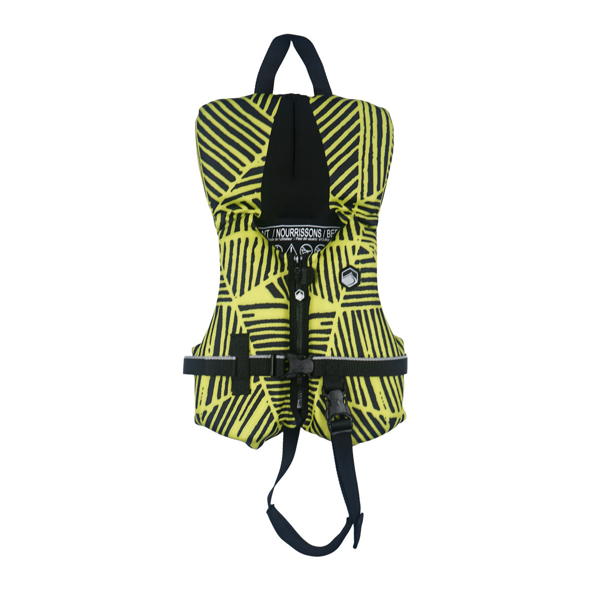 Fury Infant CGA vest front in neon yellow with black stripes, zipper, buckle, and leg strap.