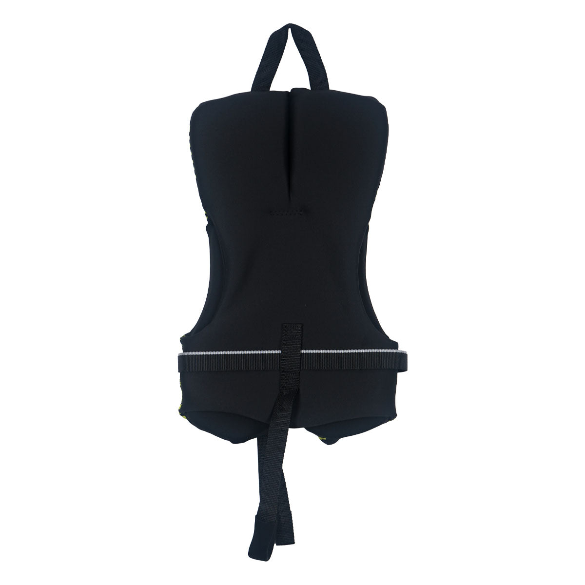 Fury Infant CGA vest front in neon yellow with black stripes, zipper, buckle, and leg strap.