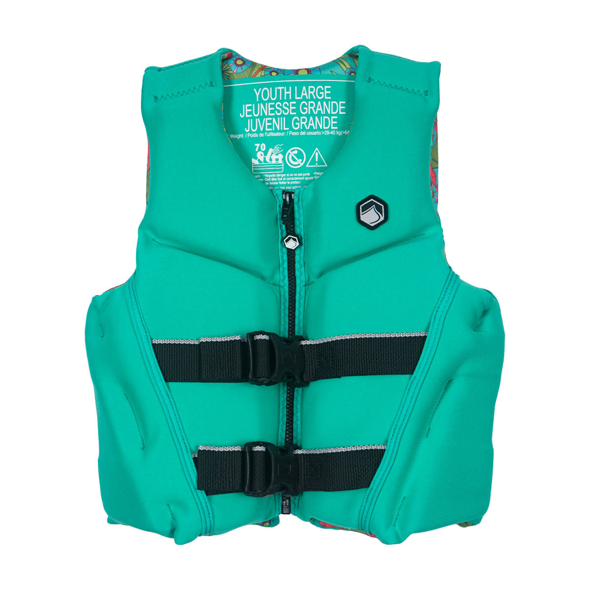 Front view of Lanai Youth CGA vest in teal with zipper and dual black buckles.