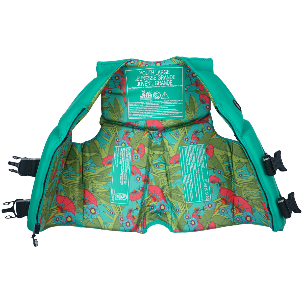 Inside view of Lanai Youth CGA vest with green and red floral patterned lining.