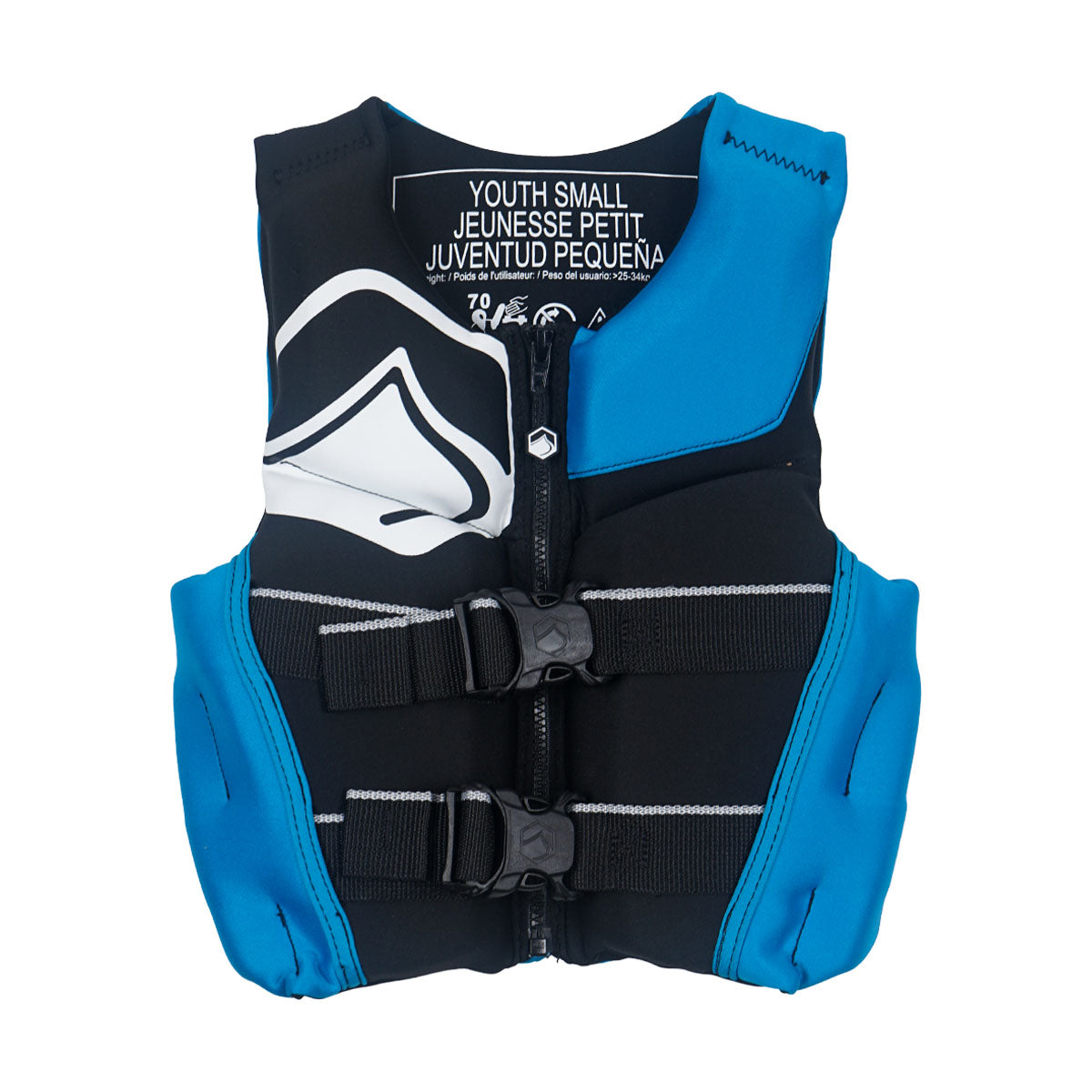Front view of Ruckus Youth CGA vest in black and blue with zipper and dual black buckles.