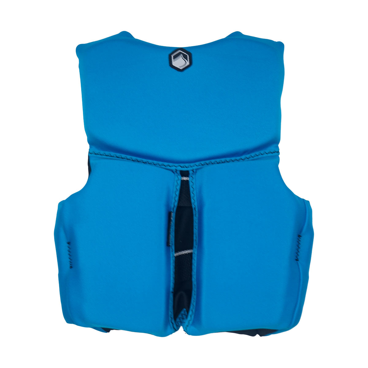 Front view of Ruckus Youth CGA vest in black and blue with zipper and dual black buckles.