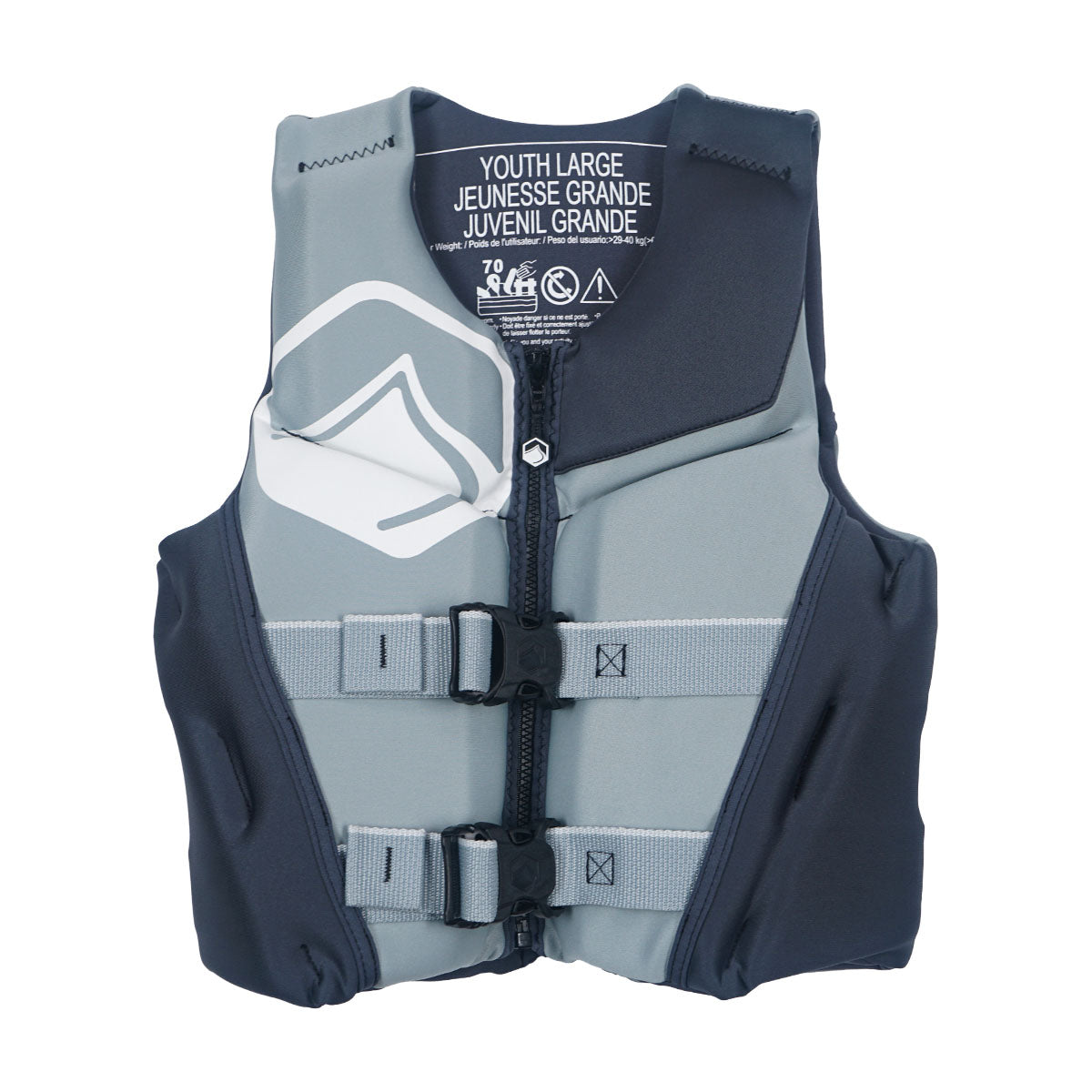 Front view of Ruckus Youth CGA vest in grey with navy sides, zipper, and dual grey buckles.