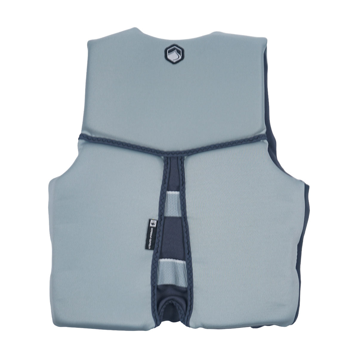 Front view of Ruckus Youth CGA vest in grey with navy sides, zipper, and dual grey buckles.