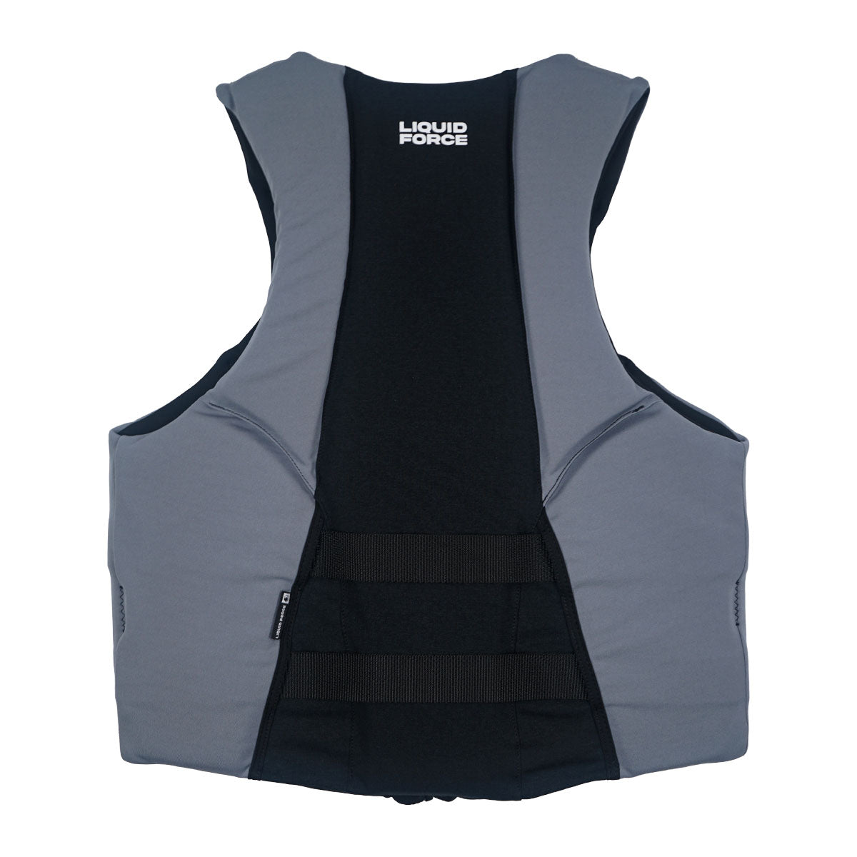 Front of Rush CGA life vest in gray and black with dual black buckles.