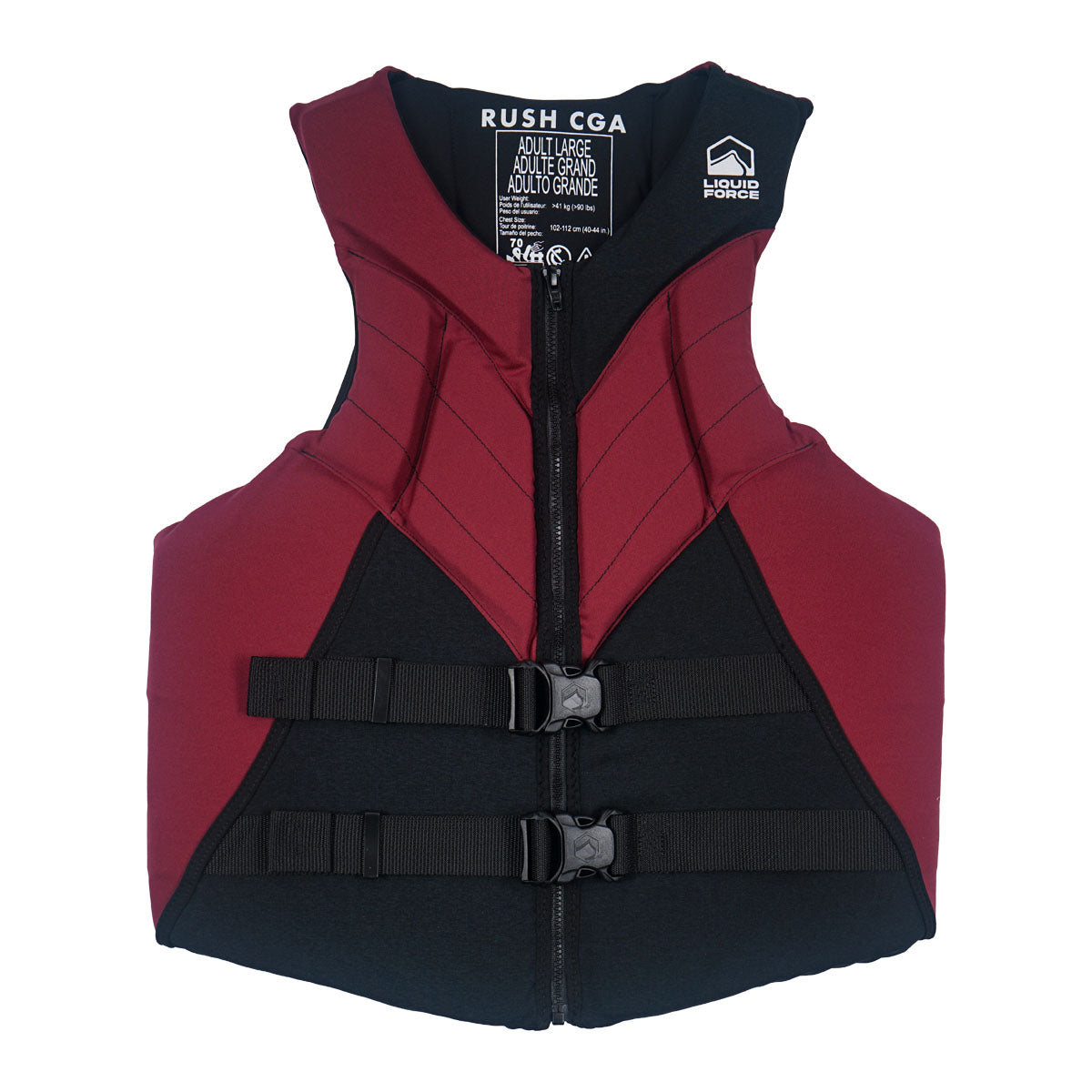 Front of Rush CGA life vest in maroon and black with dual black buckles.