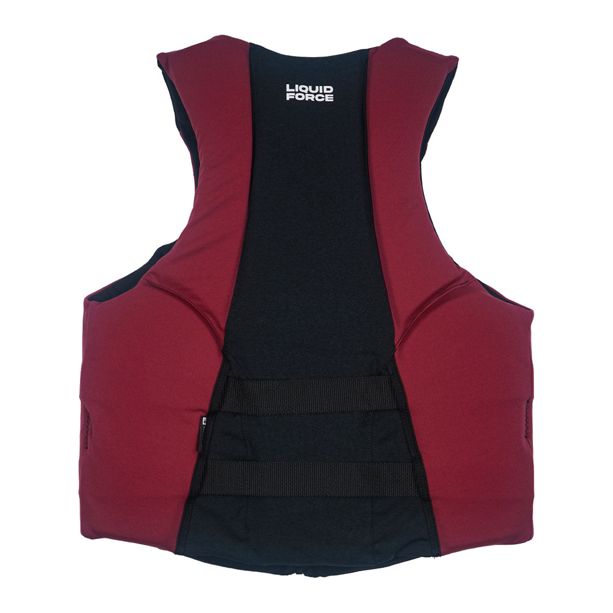 Front of Rush CGA life vest in maroon and black with dual black buckles.