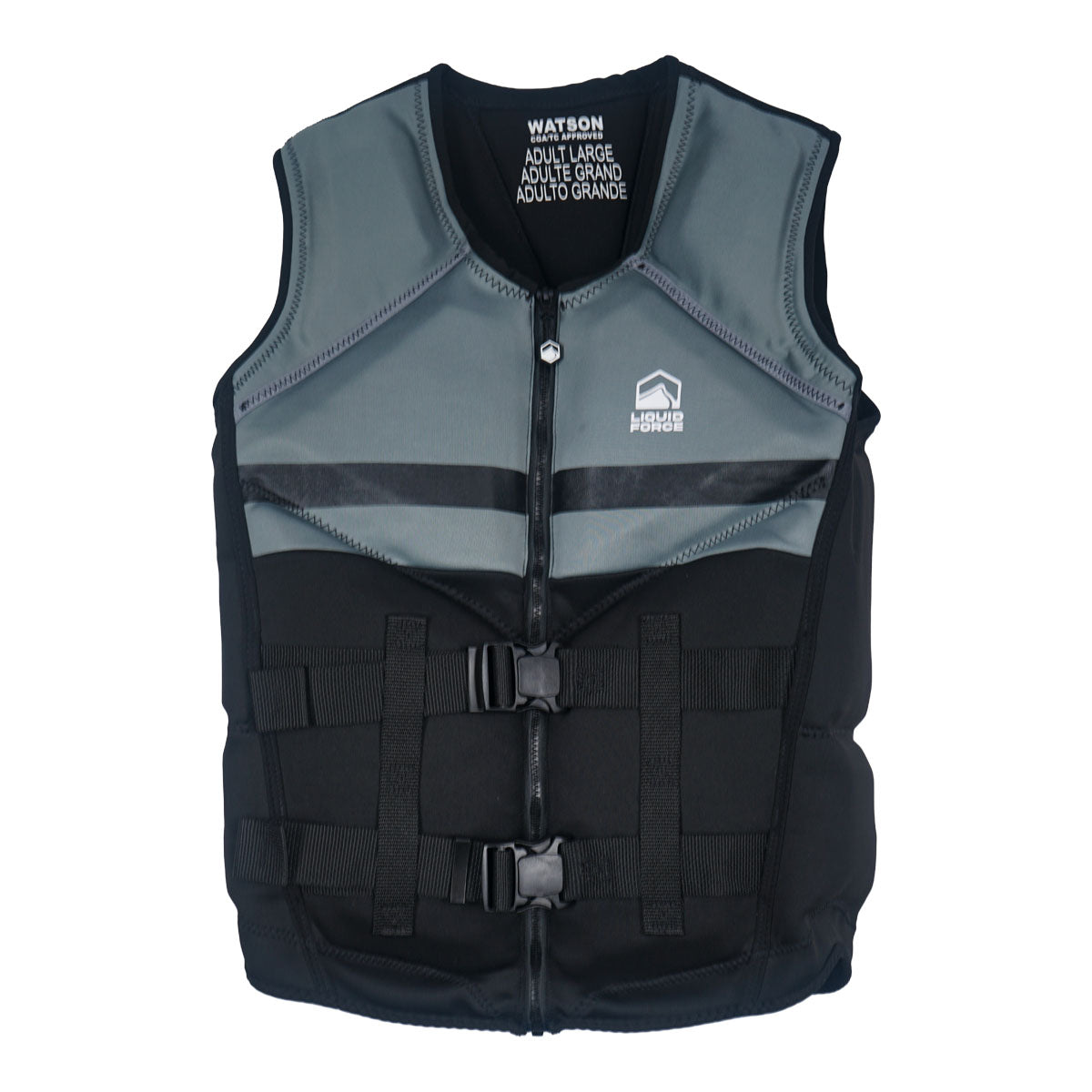Front view of Watson CGA vest in charcoal and black with zipper and dual buckle straps.