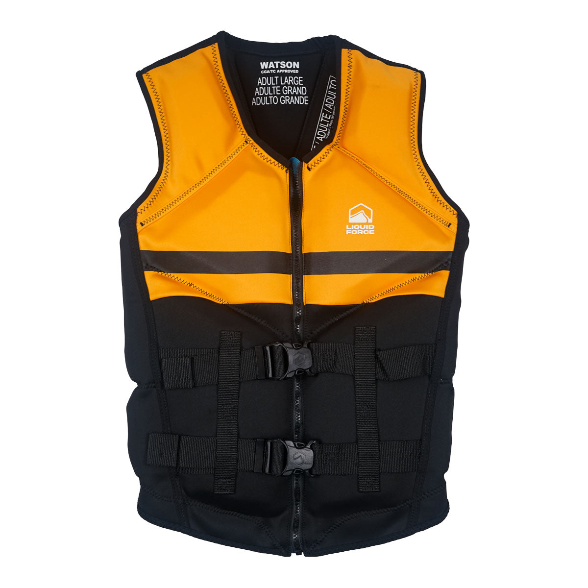 Front view of Watson CGA vest in orange and black with zipper and dual buckle straps.
