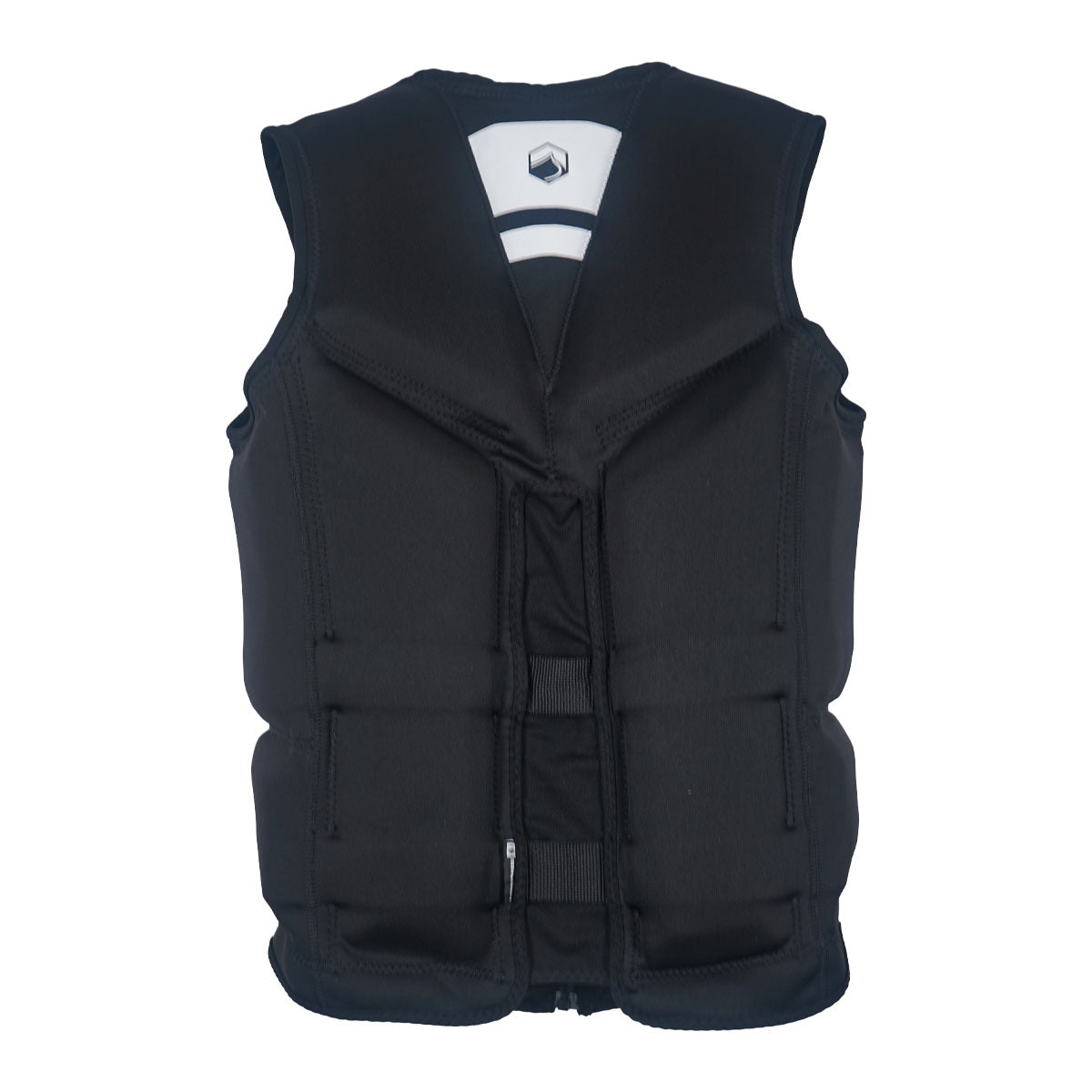 Front view of Watson CGA vest in orange and black with zipper and dual buckle straps.