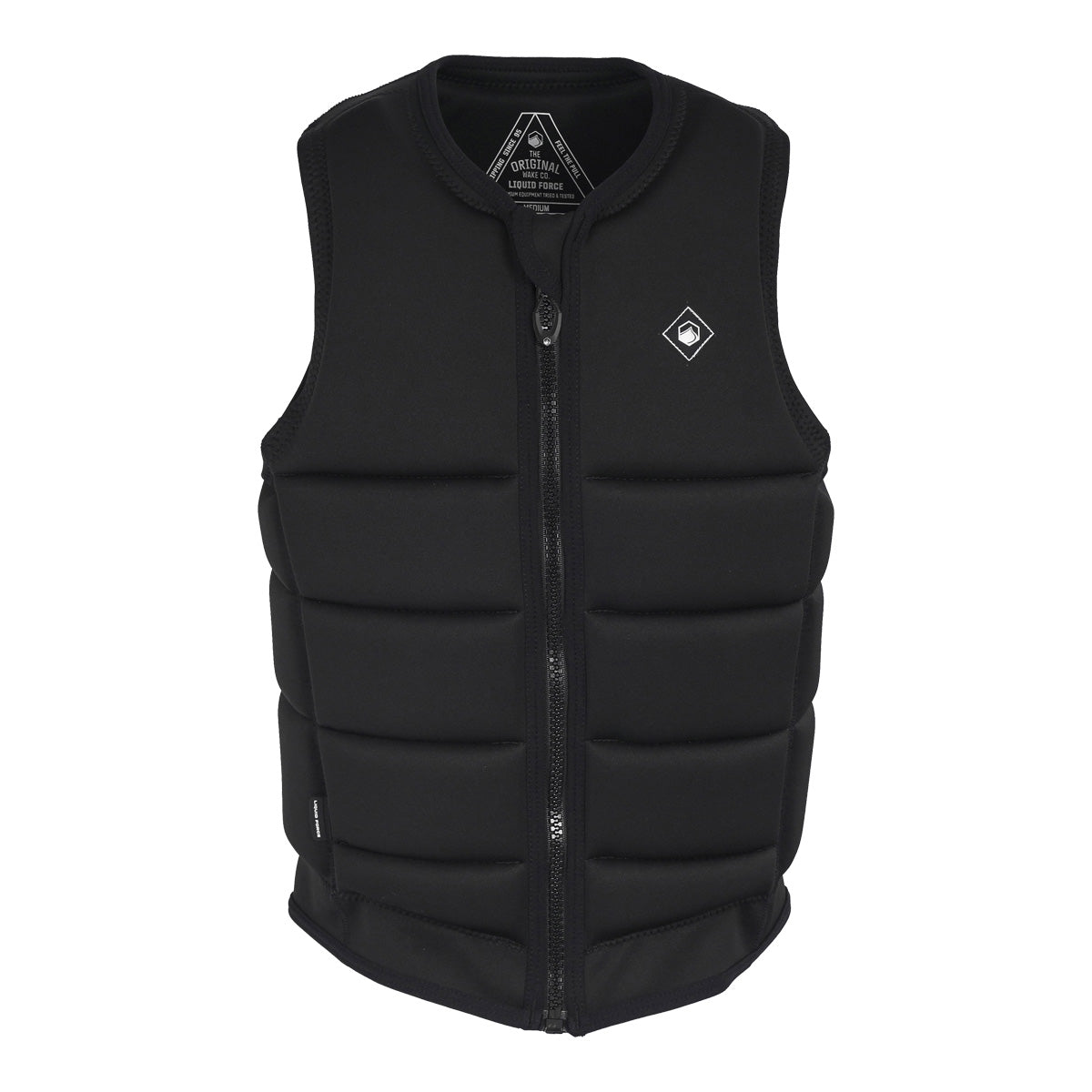Front view of the Code Comp Vest in black with vertical zipper and logo patch on chest.
