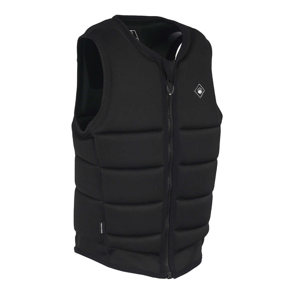 Angled front view of the black Code Comp Vest with white accents and front zipper closure.