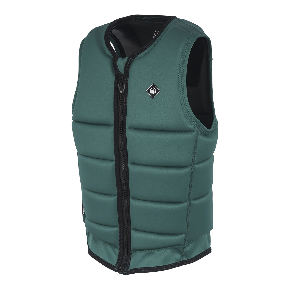Opposite angled front view of the Code Comp Vest in evergreen with white chest logo.