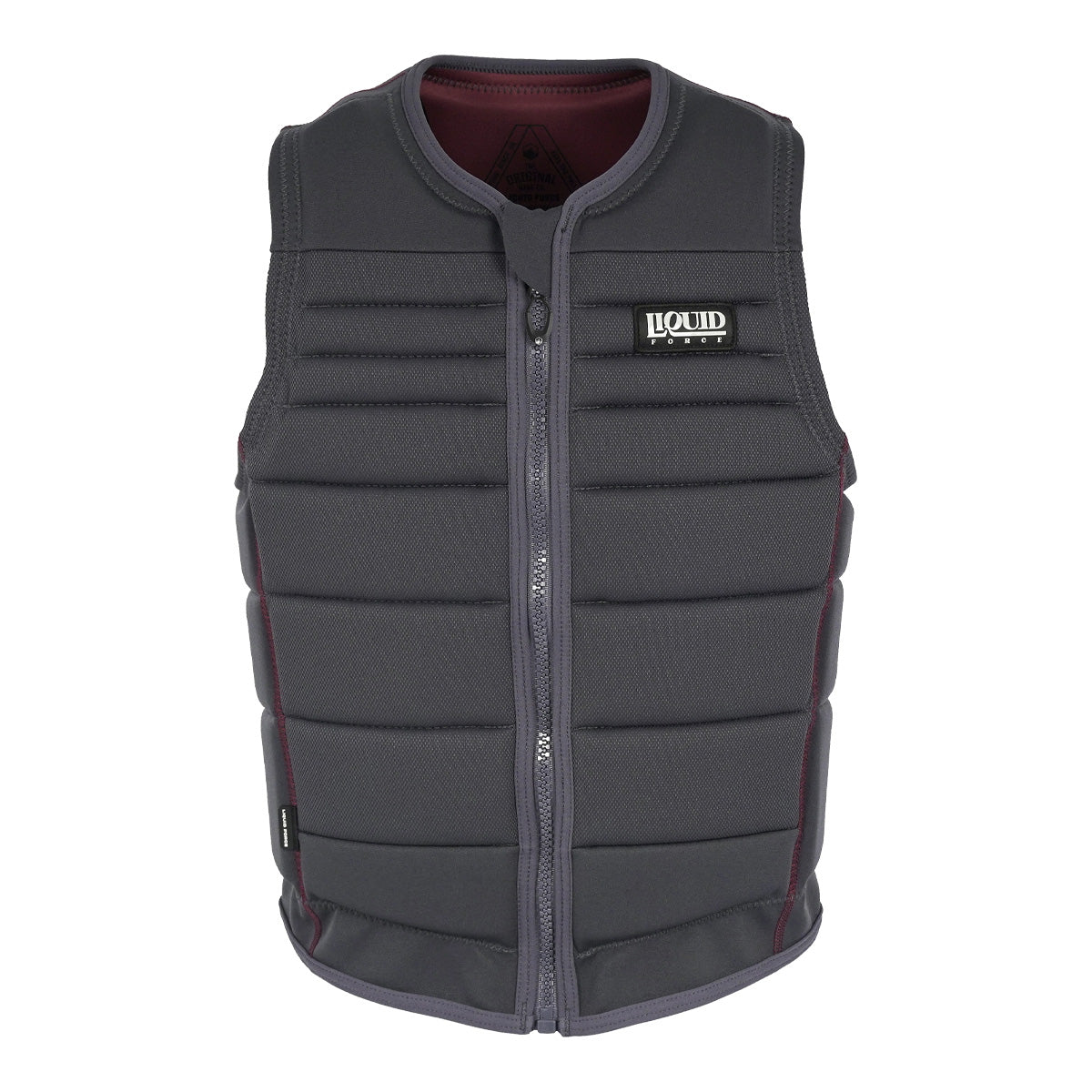 Front view of the Fuse Comp Vest in charcoal gray with vertical zipper and logo patch on chest.