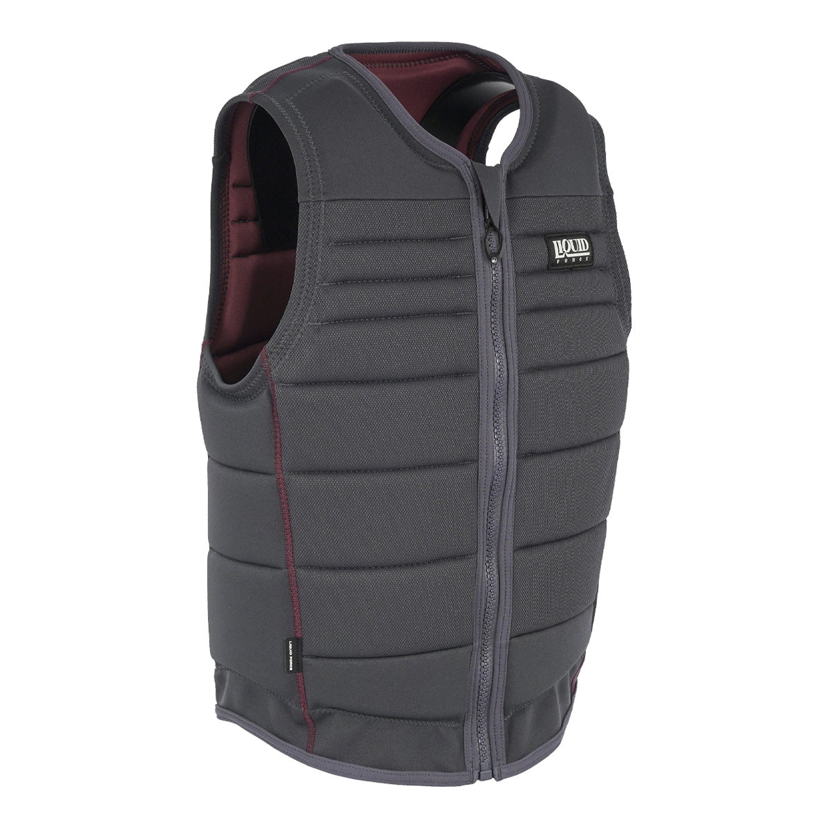 Angled front view of the charcoal Fuse Comp Vest with maroon accents and front zipper closure.