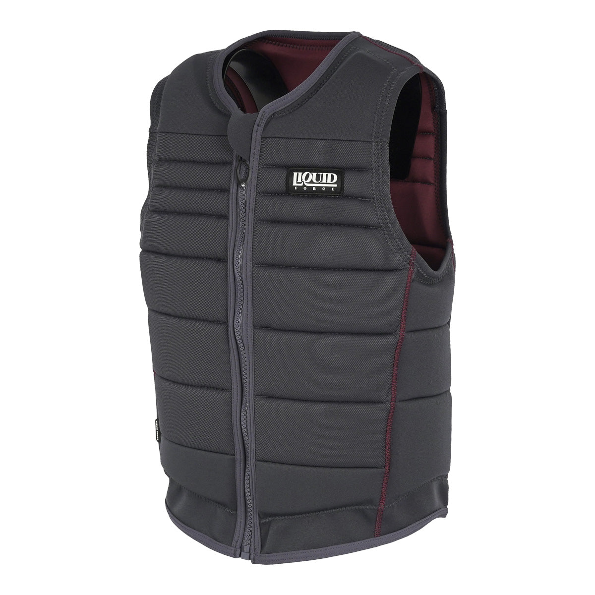 Opposite angled front view of the Fuse Comp Vest in charcoal with textured panels and chest logo.