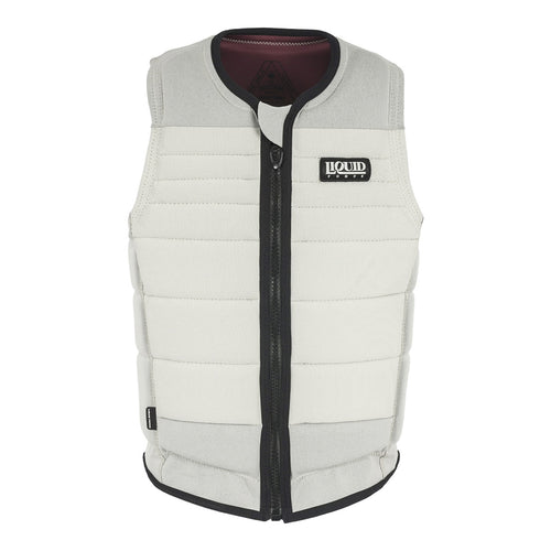 Front view of the Fuse Comp Vest in cream with black zipper and black logo patch on left chest.