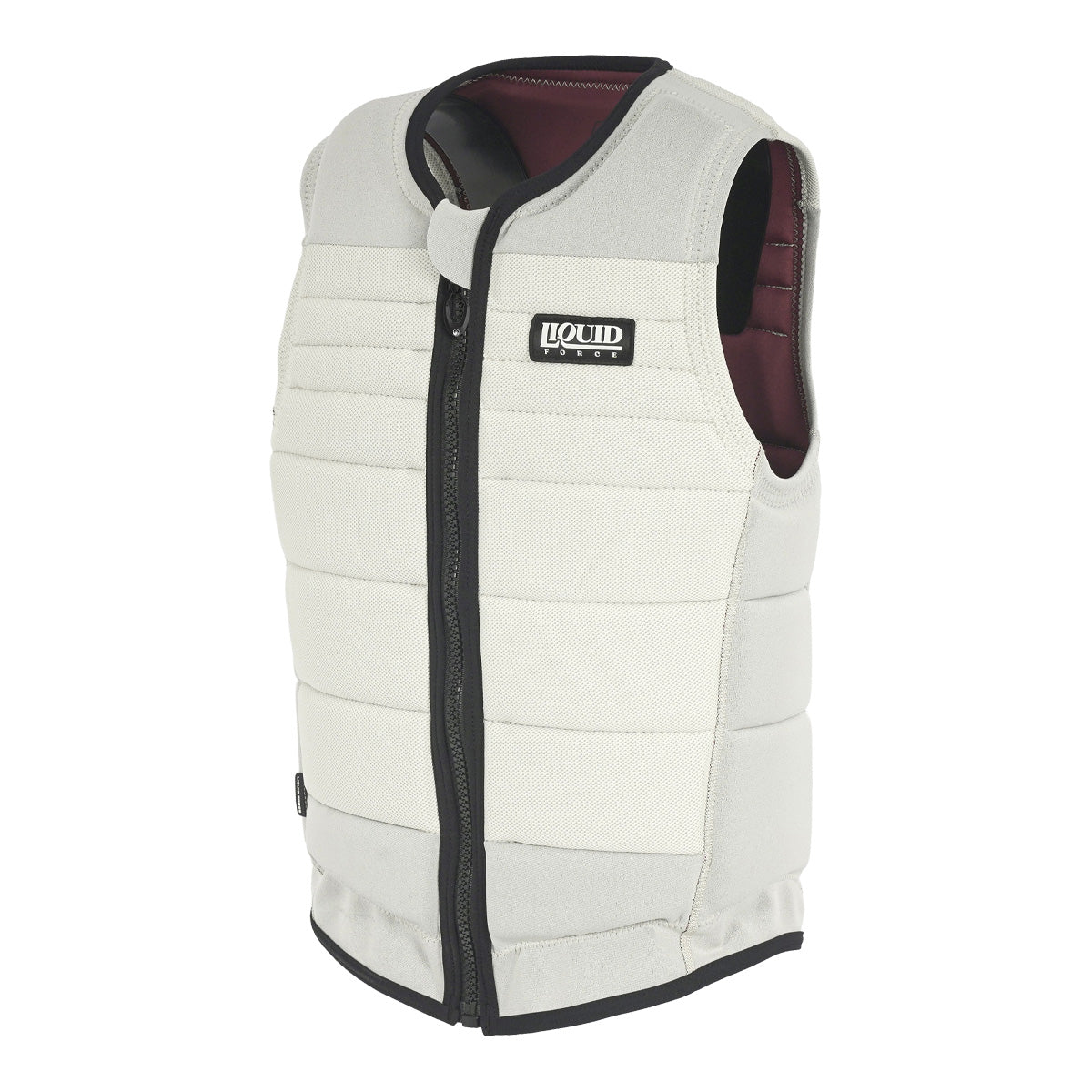 Opposite angled front view of the cream Fuse Comp Vest with black zipper and maroon lining.