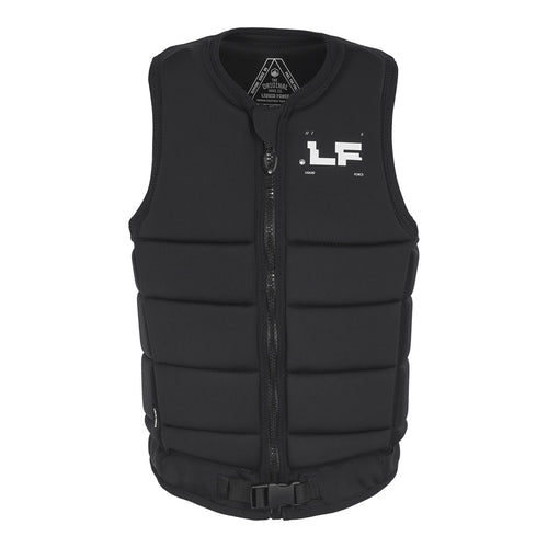 Front view of the MOD Comp Vest in solid black with white LF logo and black zipper with buckle.