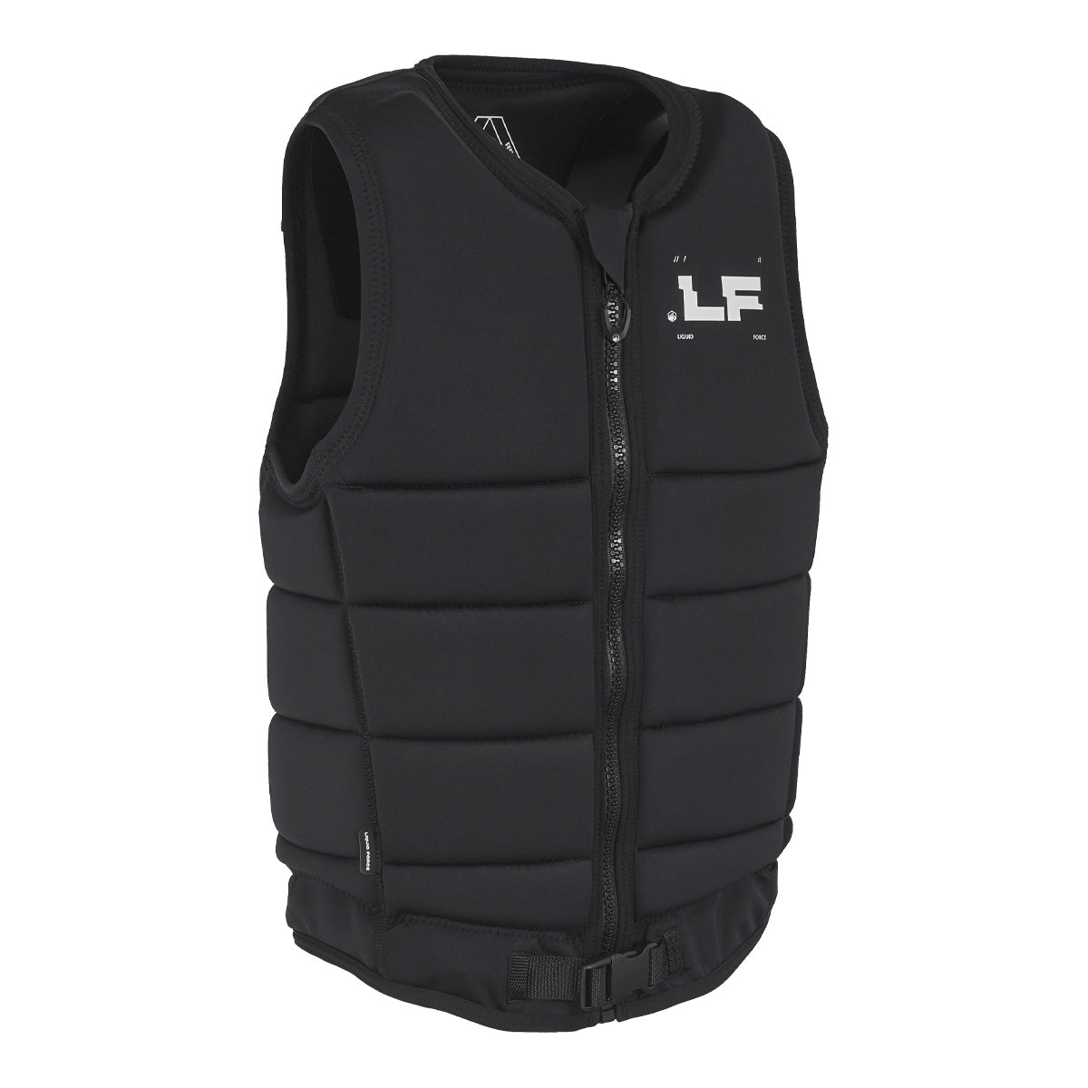 Front view of the MOD Comp Vest in solid black with white LF logo and black zipper with buckle.