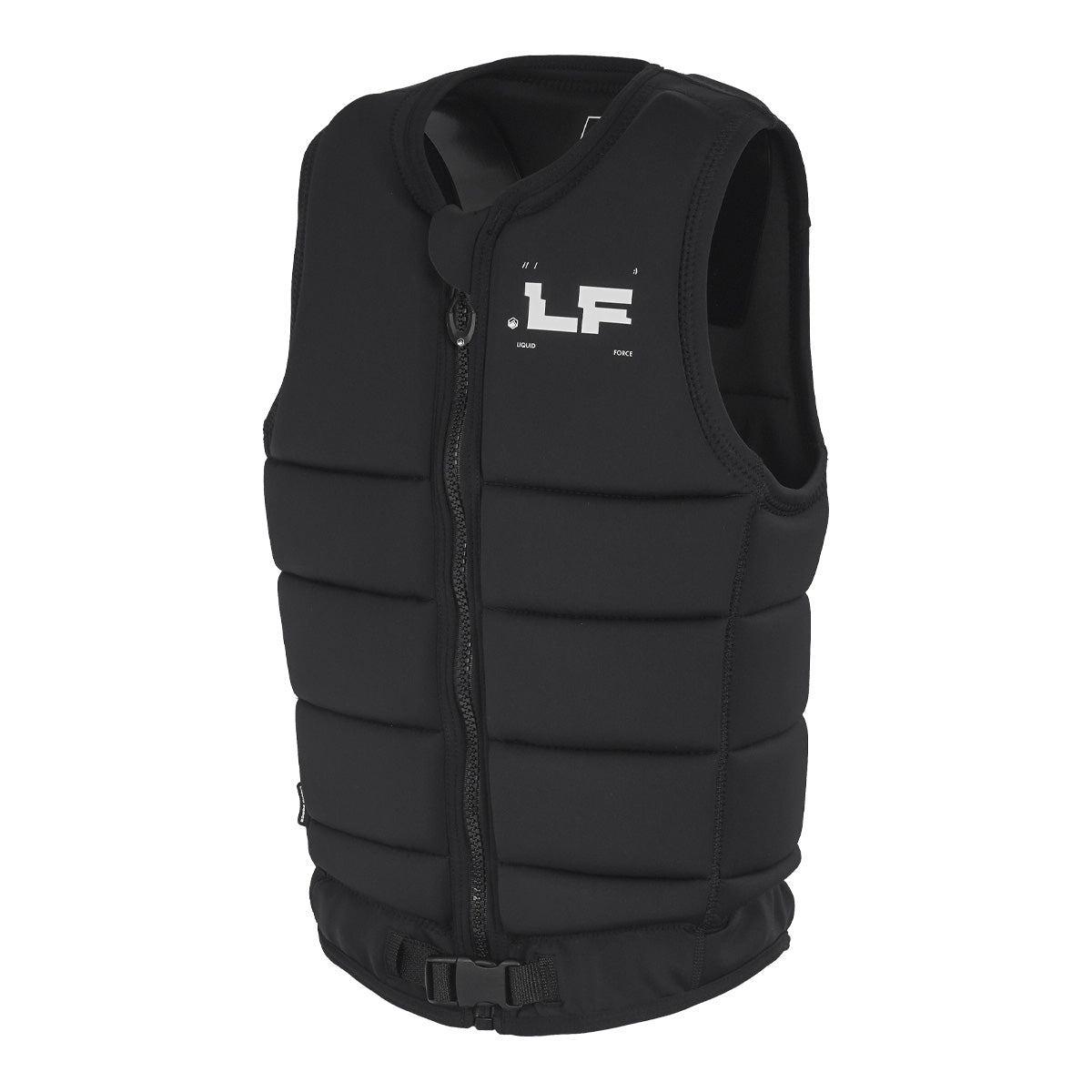 Opposite angled front view of the black MOD Comp Vest with white logo and buckle strap.