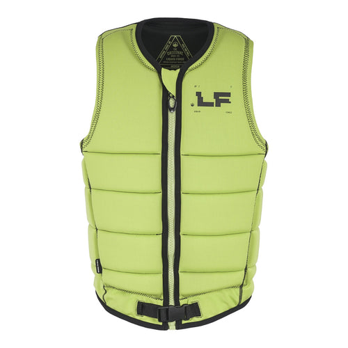 Front view of the Mod Comp Vest in neon green with black zipper, logo, and belt strap details.
