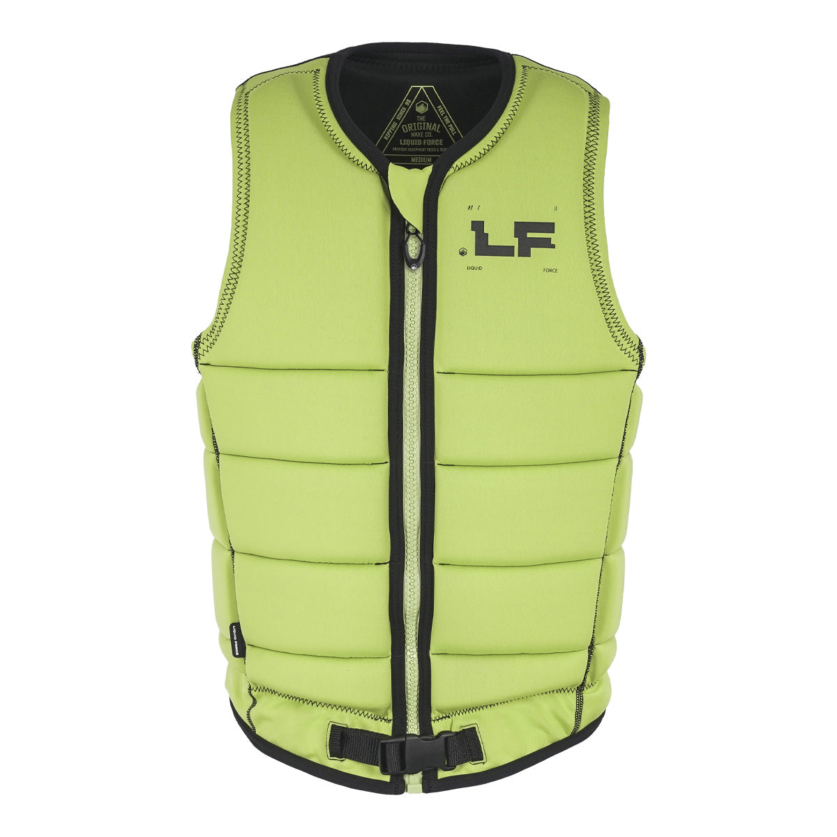 Front view of the Mod Comp Vest in neon green with black zipper, logo, and belt strap details.