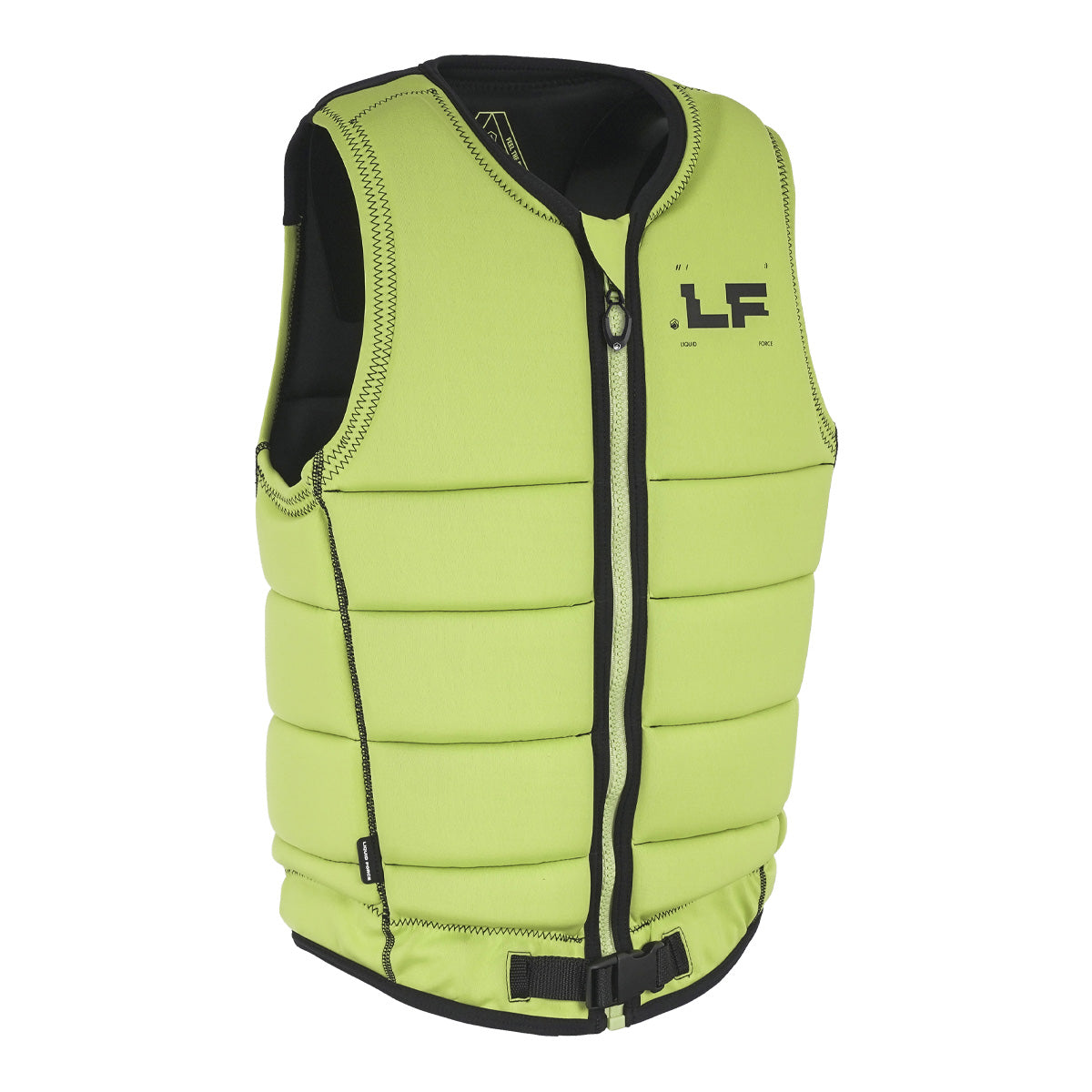 Front view of the Mod Comp Vest in neon green with black zipper, logo, and belt strap details.