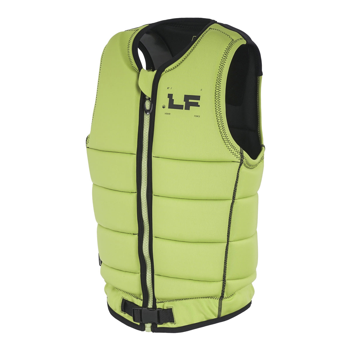 Opposite angled front view of the Mod Comp Vest in neon green with black trim and front zipper.