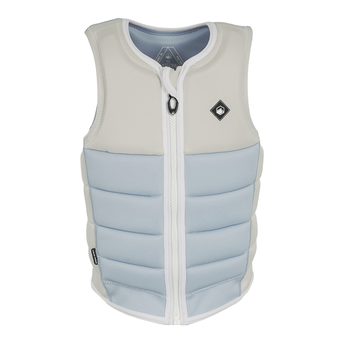 Front view of the Women's Haven Comp Vest in white and powder blue with white zipper and logo badge.