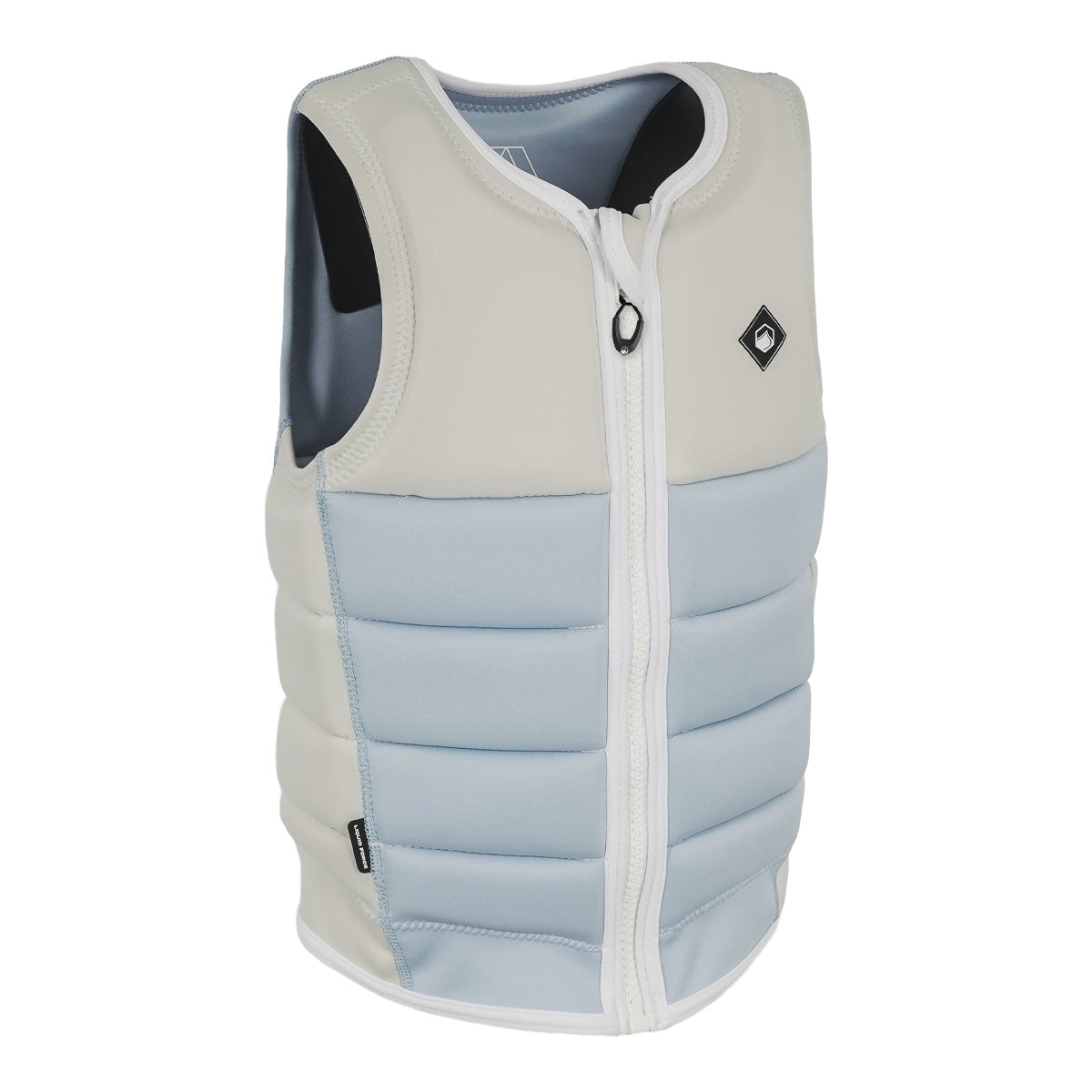Angled front view of the Haven Comp Vest in white and blue with padded panels and white zipper.