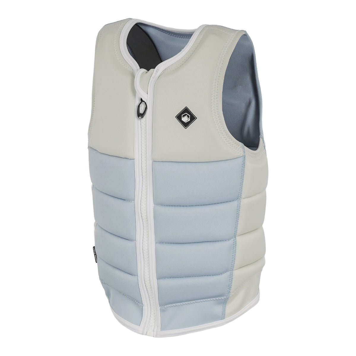 Opposite angled front view of the white and powder blue Haven Comp Vest with front zipper detail.