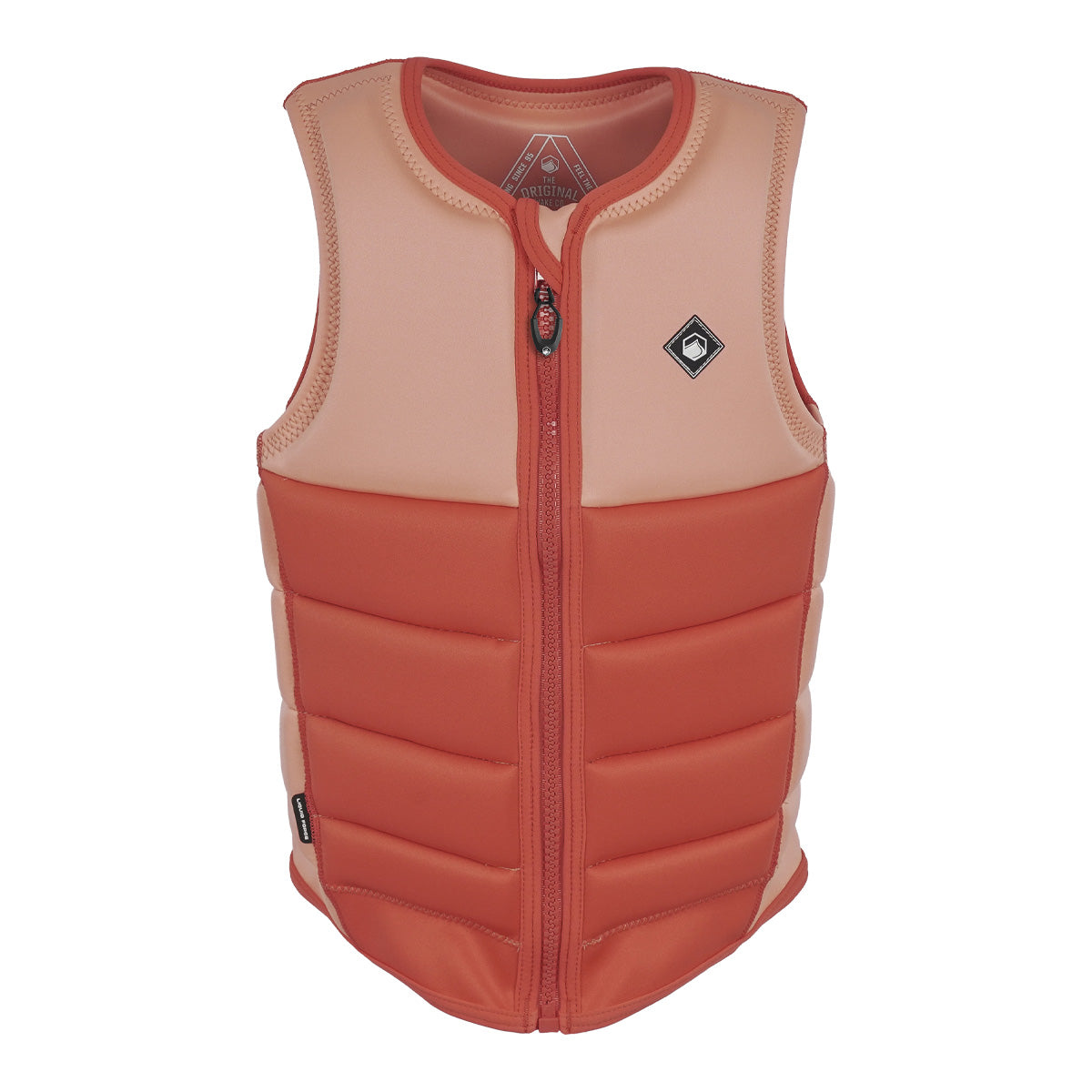 Front view of the Women's Haven Comp Vest in sherbert orange and blush with matching front zipper.