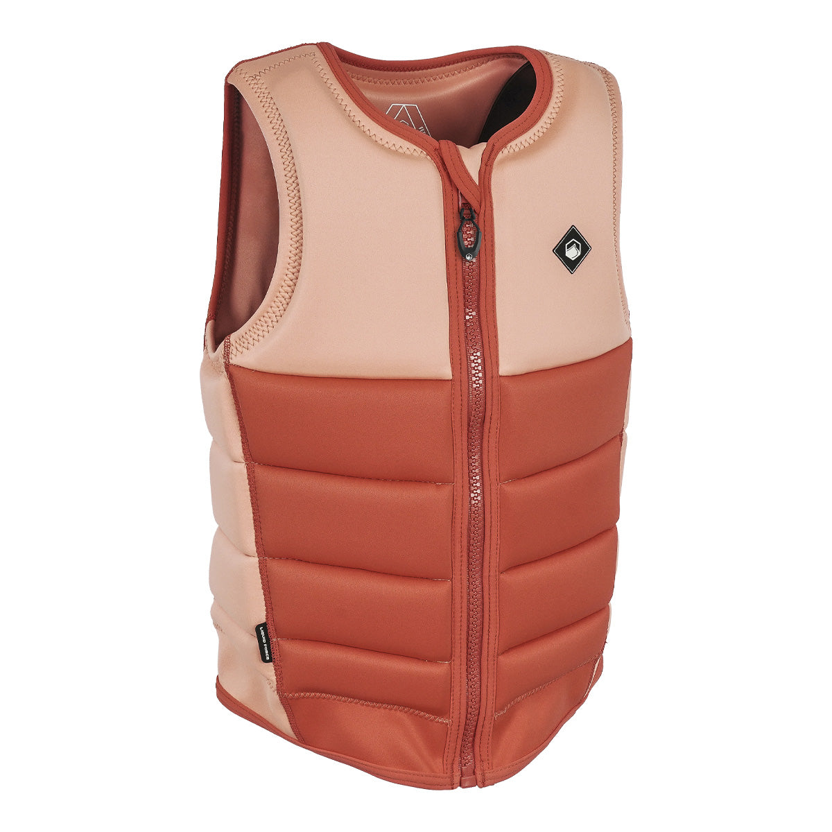 Angled front view of the sherbert Haven Comp Vest with blush panels and black logo badge on chest.