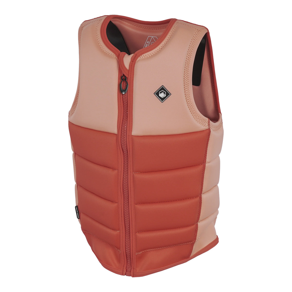 Opposite angled front view of the sherbert Haven Comp Vest showing curved seams and padded design.