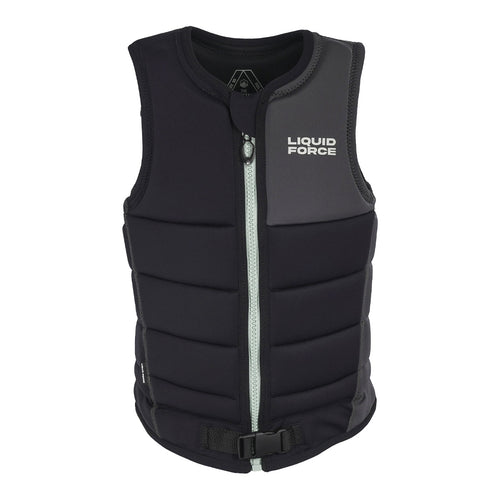 Front view of the Women's Rogue Comp Vest in black with light zipper and logo on right chest.