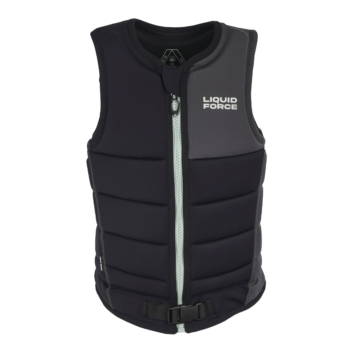 Front view of the Women's Rogue Comp Vest in black with light zipper and logo on right chest.