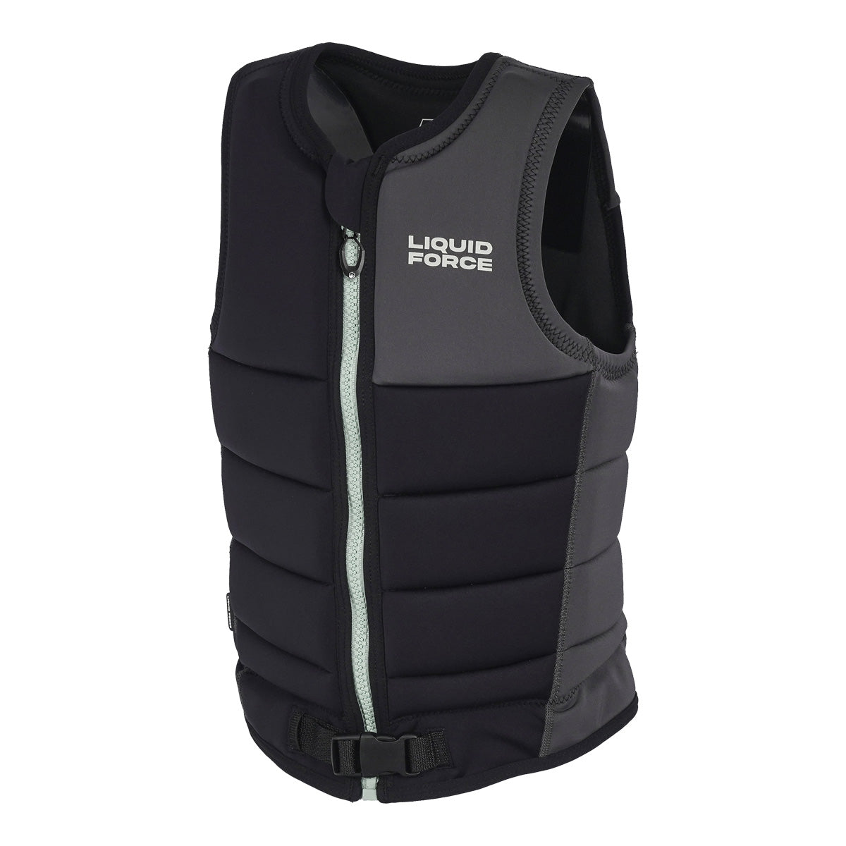 Opposite angled front view of the Women's Rogue Comp Vest with black body and gray side panels.