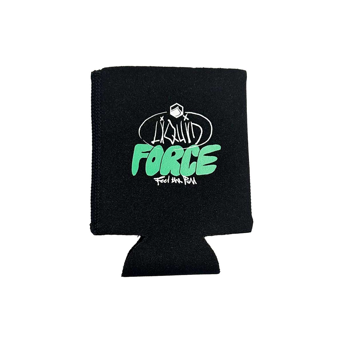 Black can cooler with white and teal 'Liquid Force' logo.