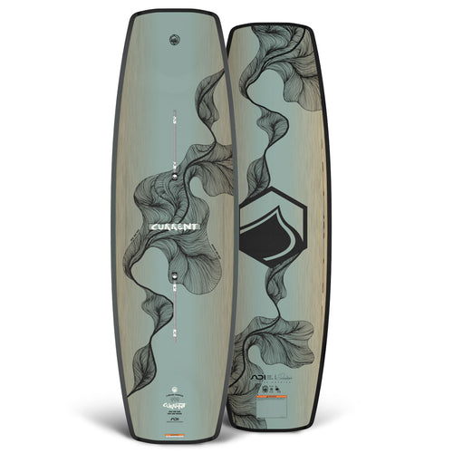 Front and back view of the Current wakeboard in pale green with flowing black line art graphics.
