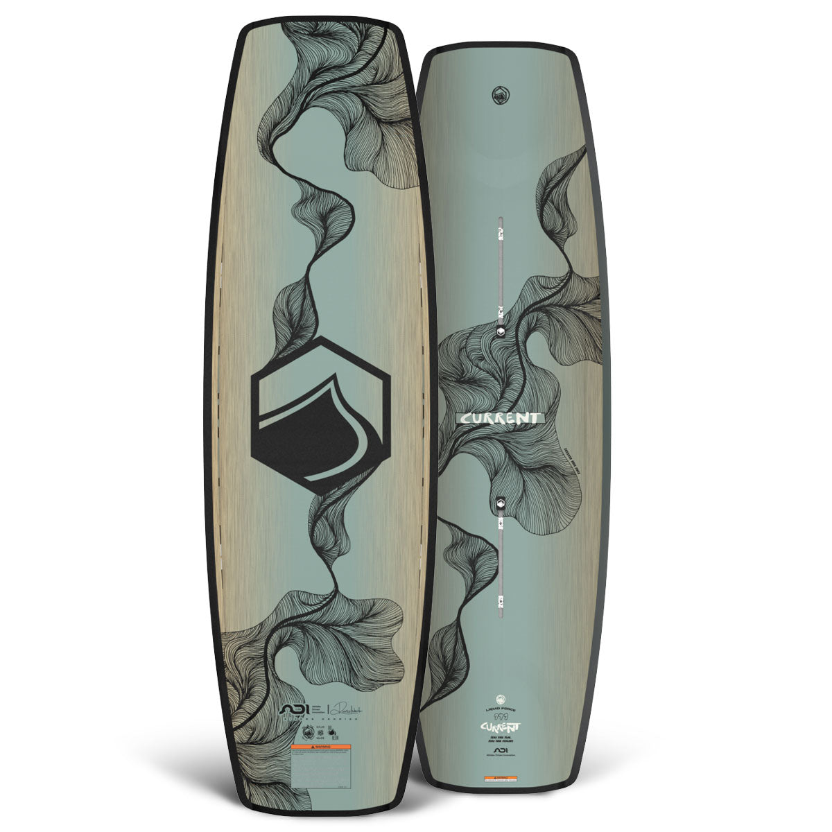 Front and back view of Current wakeboard with teal woodgrain floral design.