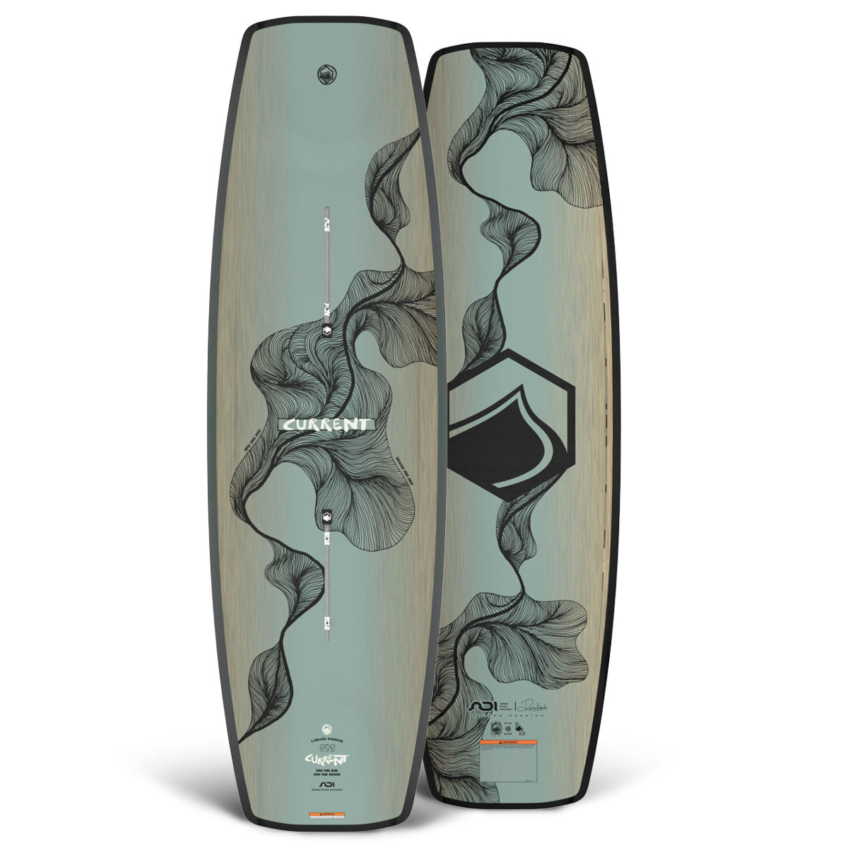 Front and back view of the Current wakeboard in pale green with flowing black line art graphics.