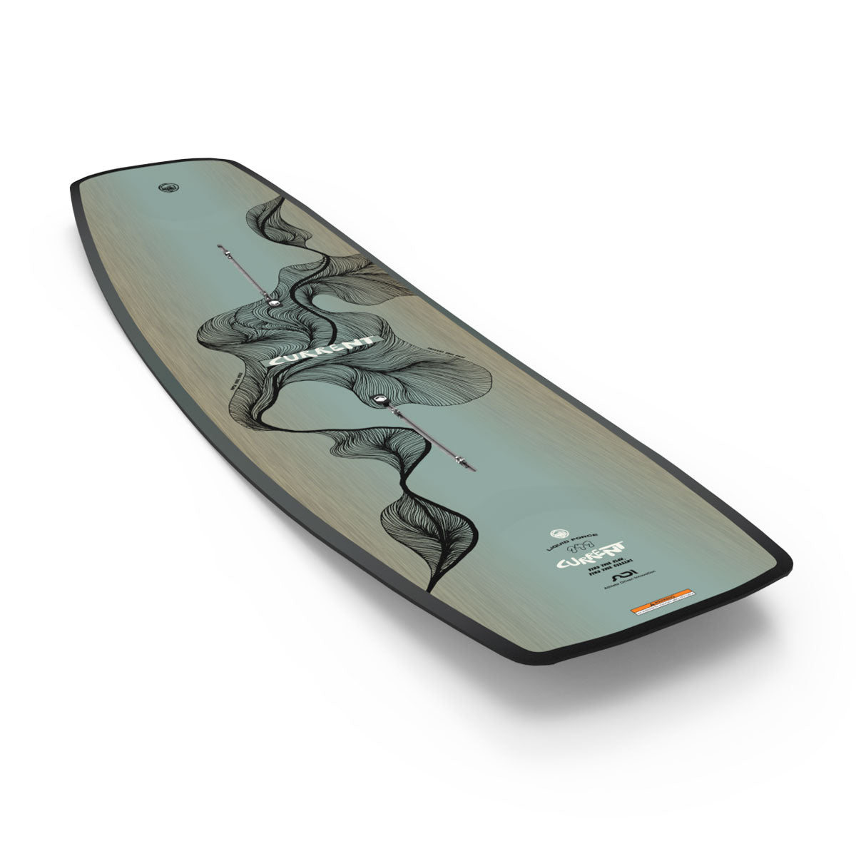 Front and back view of the Current wakeboard in pale green with flowing black line art graphics.