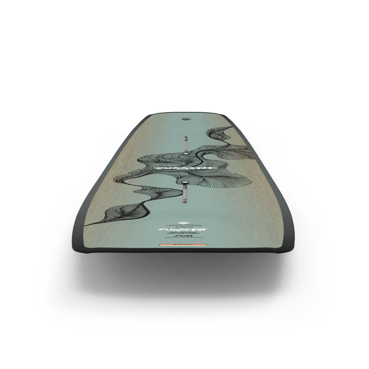 Rear view of Current wakeboard featuring floral pattern on teal woodgrain.