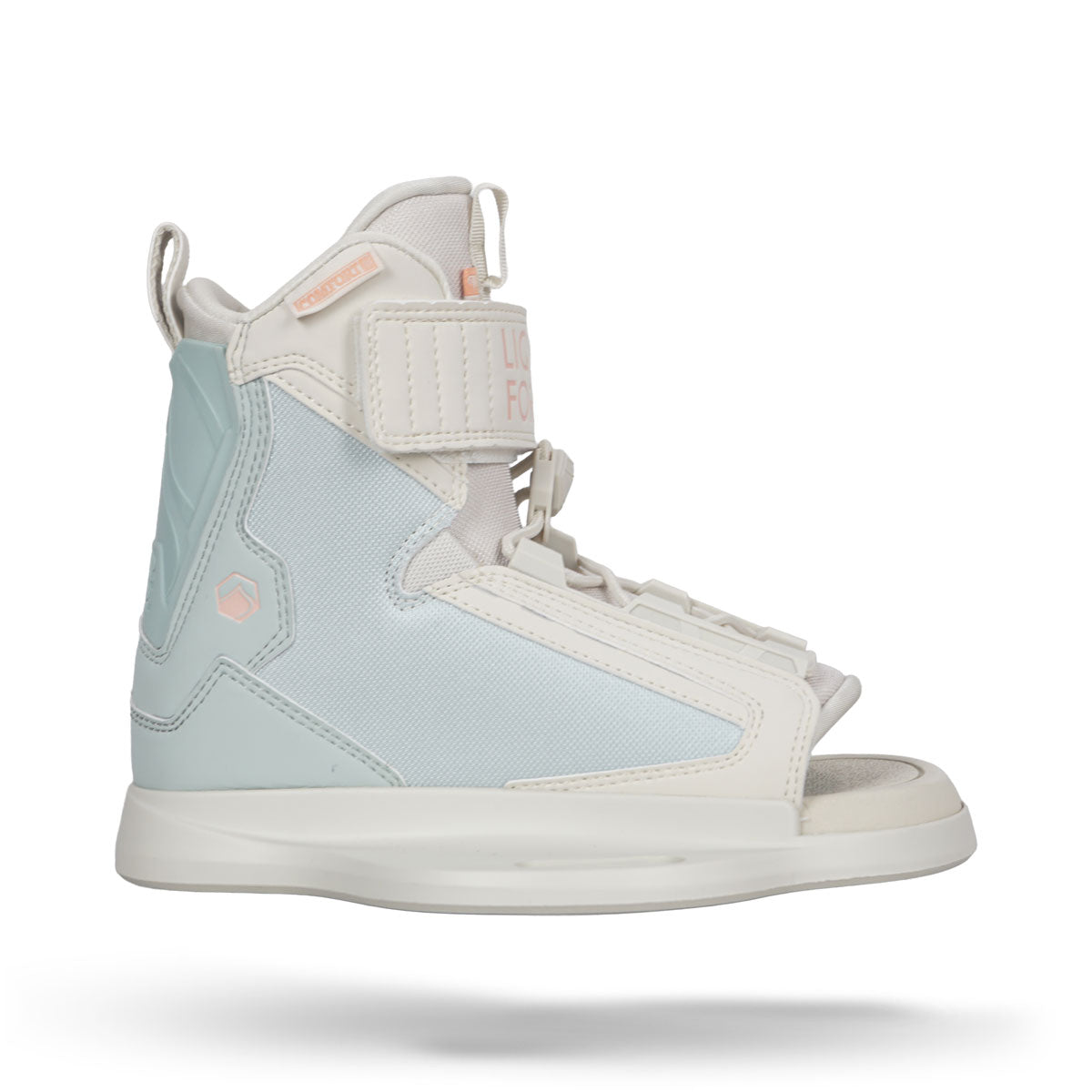 Side view of Dream 6R white and sky blue binding with closed laces.