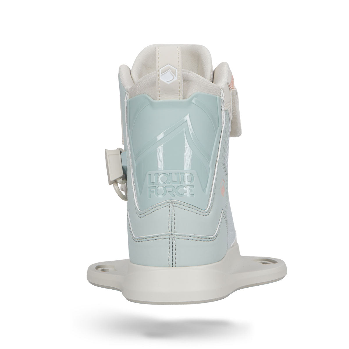 Back view of Dream 6R white and sky blue binding with logo on heel.