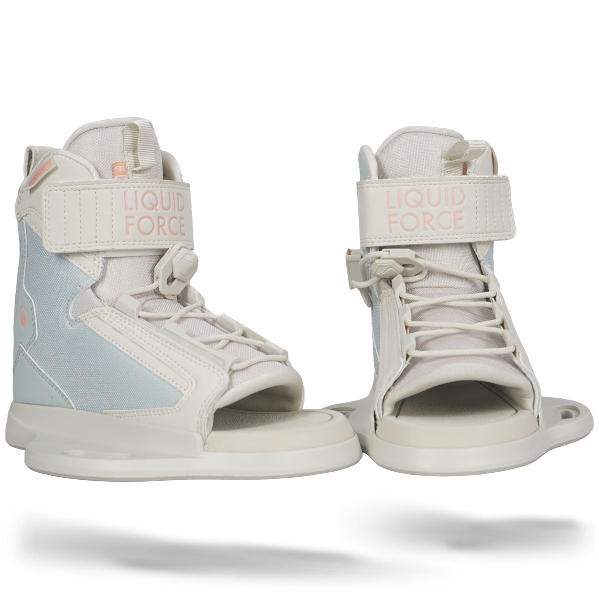 Angled view of Dream 6R white and sky blue bindings shown as a pair.