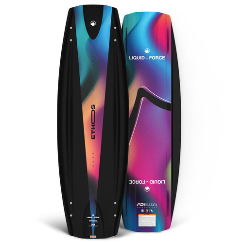 Ethos wakeboard front and back view with black base and colorful gradient top.